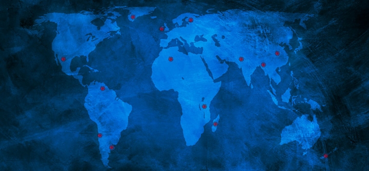 Blue map of the world with red spots indicating countries covered in GHN's Covid country series so far