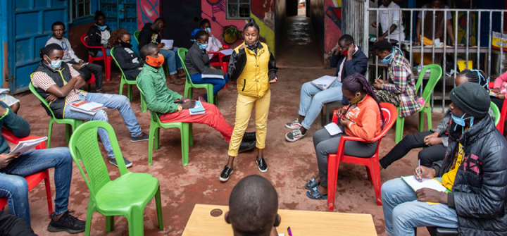 A teen girl presents her case at a debate on contraception at the Billian Music Family Resource & Leadership Centre in Mathare Informal Settlement on July 10, 2020 in Nairobi, Kenya. Image: Alissa Everett/Getty