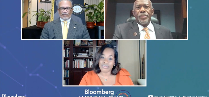 David Carlisle, James E.K. Hildreth, and Michelle Spencer discussing health disparities at the virtual Bloomberg American Health Summit, Nov. 10, 2021. 