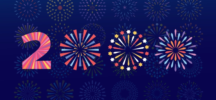 Illustration of the number 2,000 decorated with fireworks