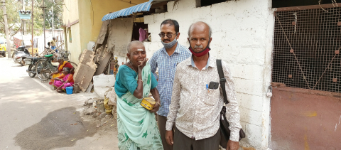 Karupayee with M. Raja and A. Vincent of the Mahelerecen Leprosy center in Madurai, India. March, 2022. Kamala Thiagarajan