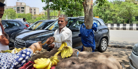 Extreme heat means few customers and little rest for Habib Khan, 65, a banana vendor outside Delhi.  Image: Swagata Yadavar