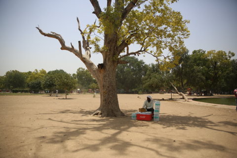 A man takes rest from selling water bottles on a hot afternoon near India Gate in Delhi. 