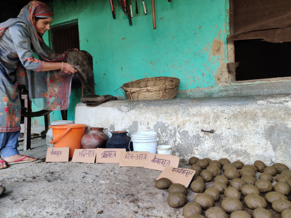 Babita Rana, a farmer in Himachal Pradesh, preparing homemade chemical-free fertilizers using cow dung, mulch and herbs to use on crops.