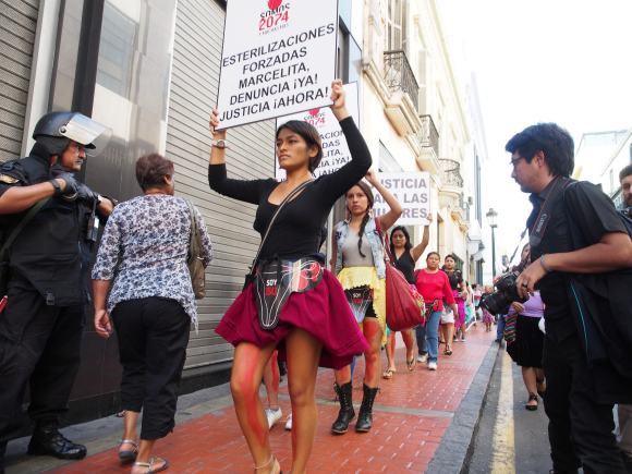 Young women from the activists group “We are 2074” marching to demand justice for indigenous women who were forcibly sterilized decades ago. May 10, 2016, Lima, Peru. 