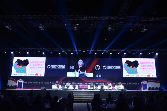 Beth Schlachter addresses a crowd at an ICFP 2022 session on abortion rights in Pattaya, Thailand, November 16, 2022.  