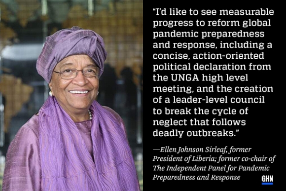 Ellen Johnson Sirleaf wearing a purple outfit next to a quote box of stylized text that says "I'd like to see measurable progress to reform global pandemic preparedness and response, including a concise, action-oriented political declaration from the UNGA High-Level meeting, and the creation of a leader-level council to break the cycle of neglect that follows deadly outbreaks." 
