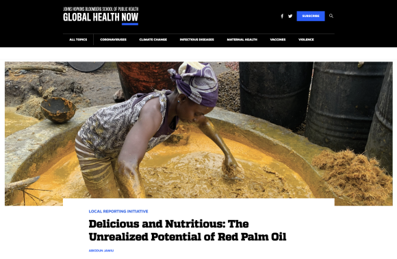 GHN's current website (since 2022); screenshot of homepage with an image of a woman standing in a vat of yellowish red palm oil