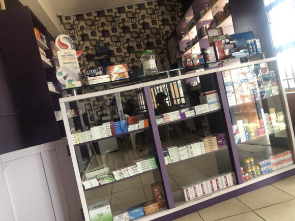 A pharmacy counter in Nigeria.