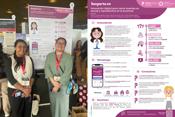 A photo of María Fernanda Cano (left) and Catalina Botero (right) standing in front of their poster at ICFP, next to a pdf of the poster. 