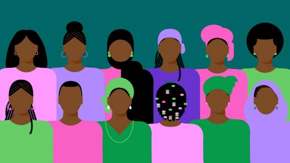 Illustration from the Rutgers report featuring two rows of women in purple, pink, and green clothing.