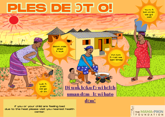 Illustration showing women working under a hot sun. One cooks outside a house, another fetches water, and a third tills soil. Text warns about heat effects.
