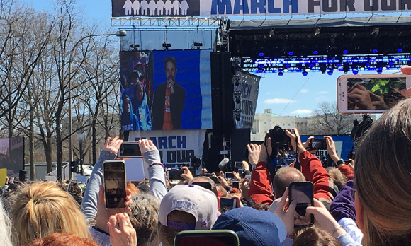 Lin-Manuel Miranda, creator of Hamilton, performs during the march. (Image: Joanne Cavanaugh Simpson)