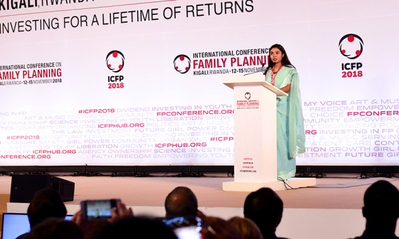 Sadia Rahman, youth delegate from Bangladesh, speaking at the opening ceremony of ICFP 2018 in Kigali, Rwanda.