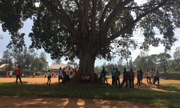 View of the football field across from the secondary health post in Masaka, Rwanda, which offers family planning services unattainable at the district hospital.