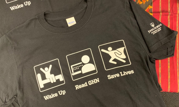 Global Health NOW T-shirt: Wake Up, Read GHN, Save Lives