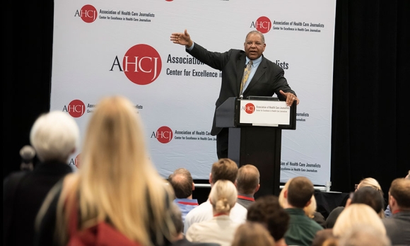 Otis Brawley, MD talks to journalists at the opening session of the Association of Health Care Journalists 2019. Image by Larry Canner.