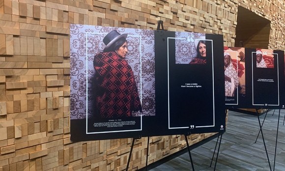 An ICRC photo exhibit honoring Women in War displayed outside an ICRC Women Deliver session on June 4, 2019 in Vancouver Canada.