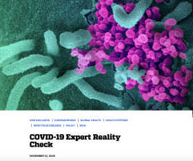 Screenshot of GHN's Expert Reality Check, featuring a close-up microscopic image of SARS-CoV-2 virus stained jade green and fuchsia.